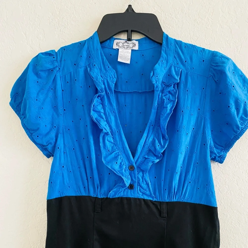 Trixxi Y2K Vintage Blue & Black Colorblock Fitted Dress Puff Sleeve Size 9 - Picture 4 of 8